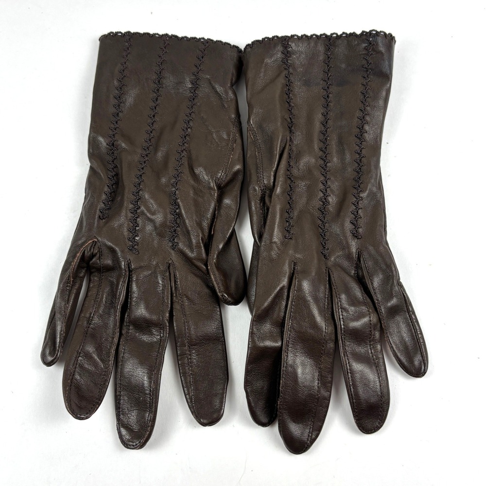 Gloves by Superb Leather Gloves Women 6.5/7 Brown Vintage Stitched Trim